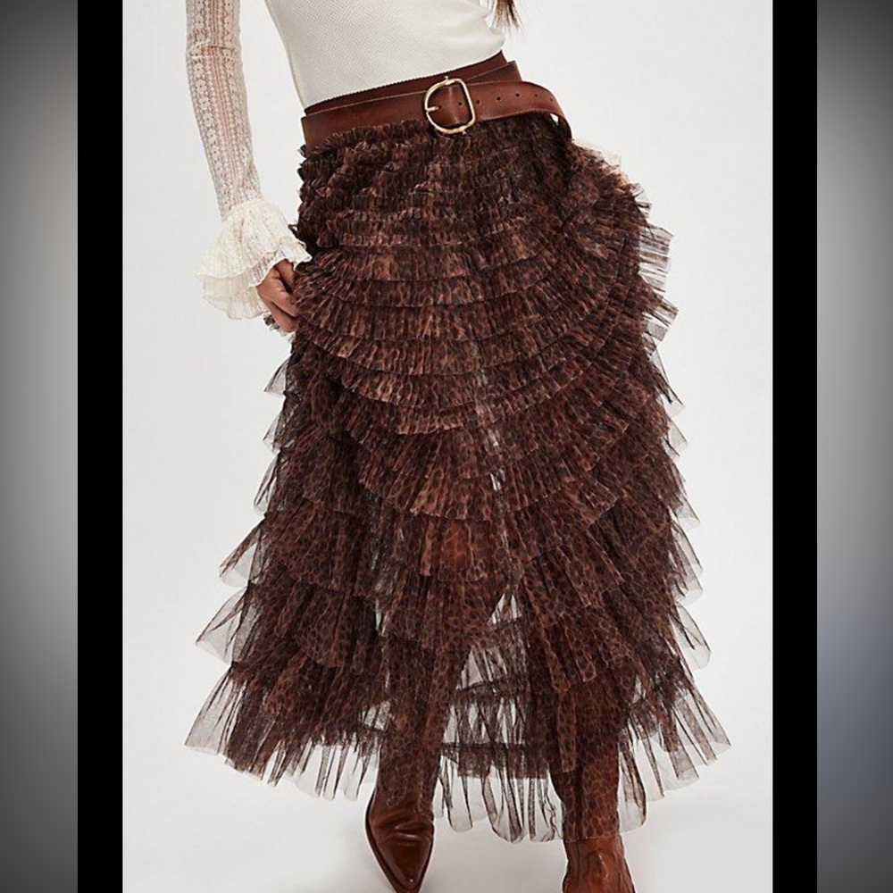 Intimately By Free People Return Of The Ruffle Maxi Skirt Animal Print Size S